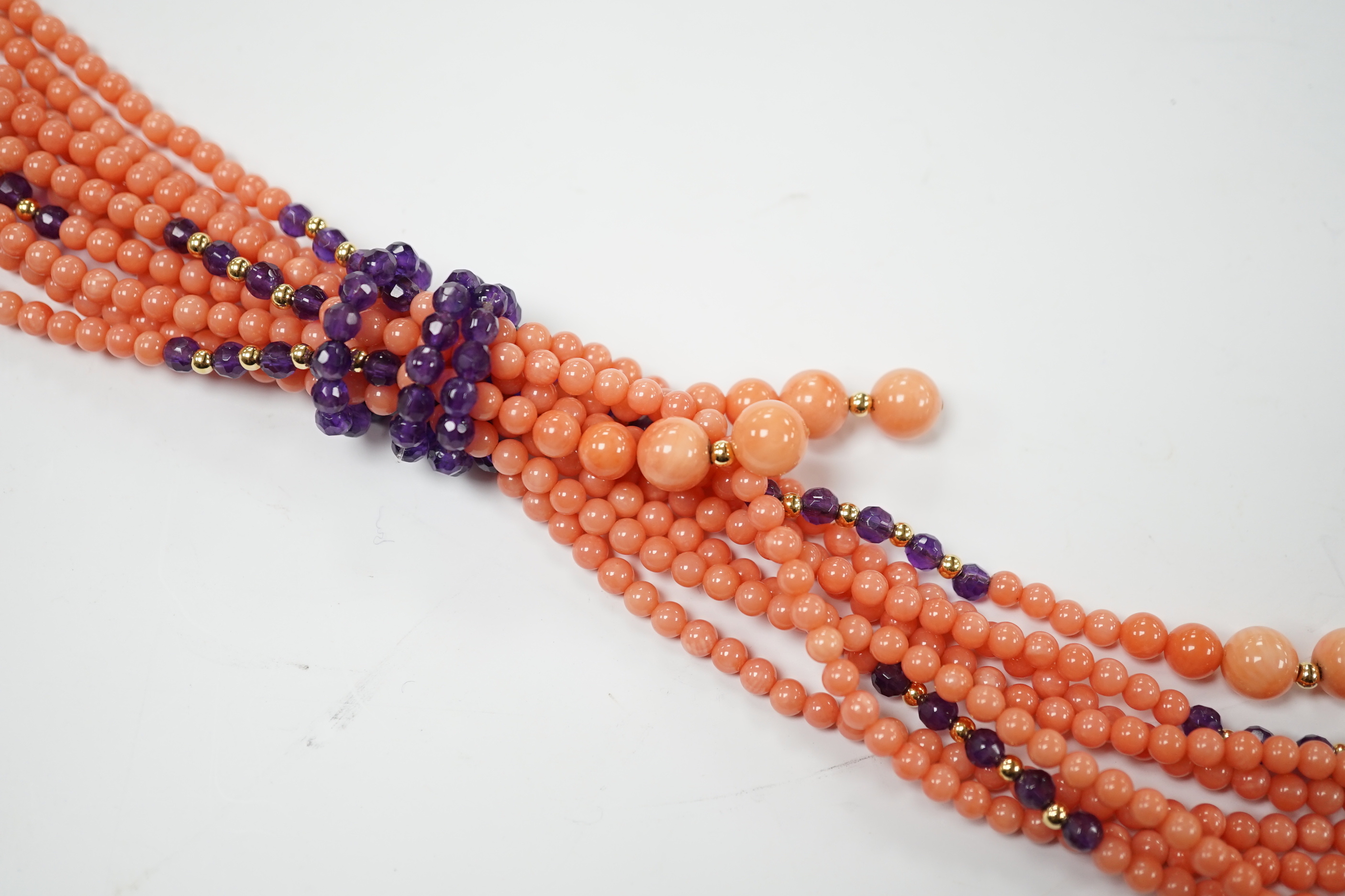 A coral, amethyst and gilt metal soutoir necklace